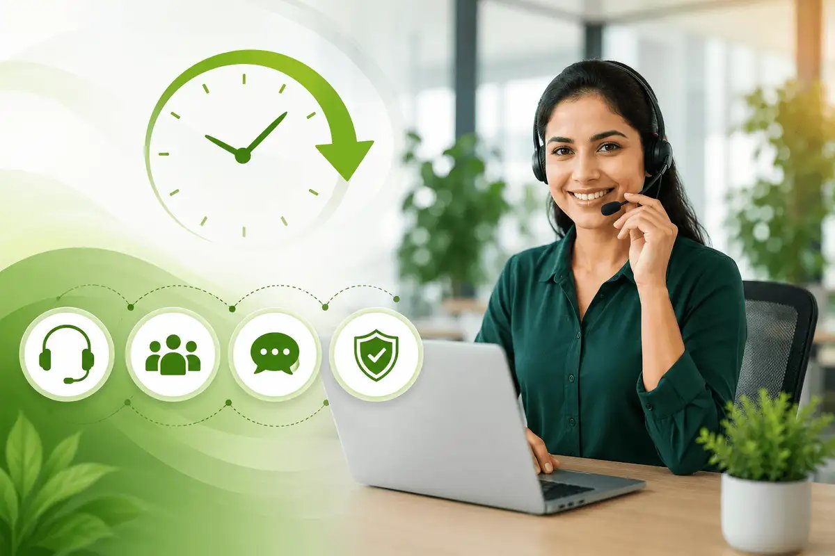 Customer support representative wearing a headset at a laptop with service icons, representing round-the-clock technical assistance and expert agricultural support.